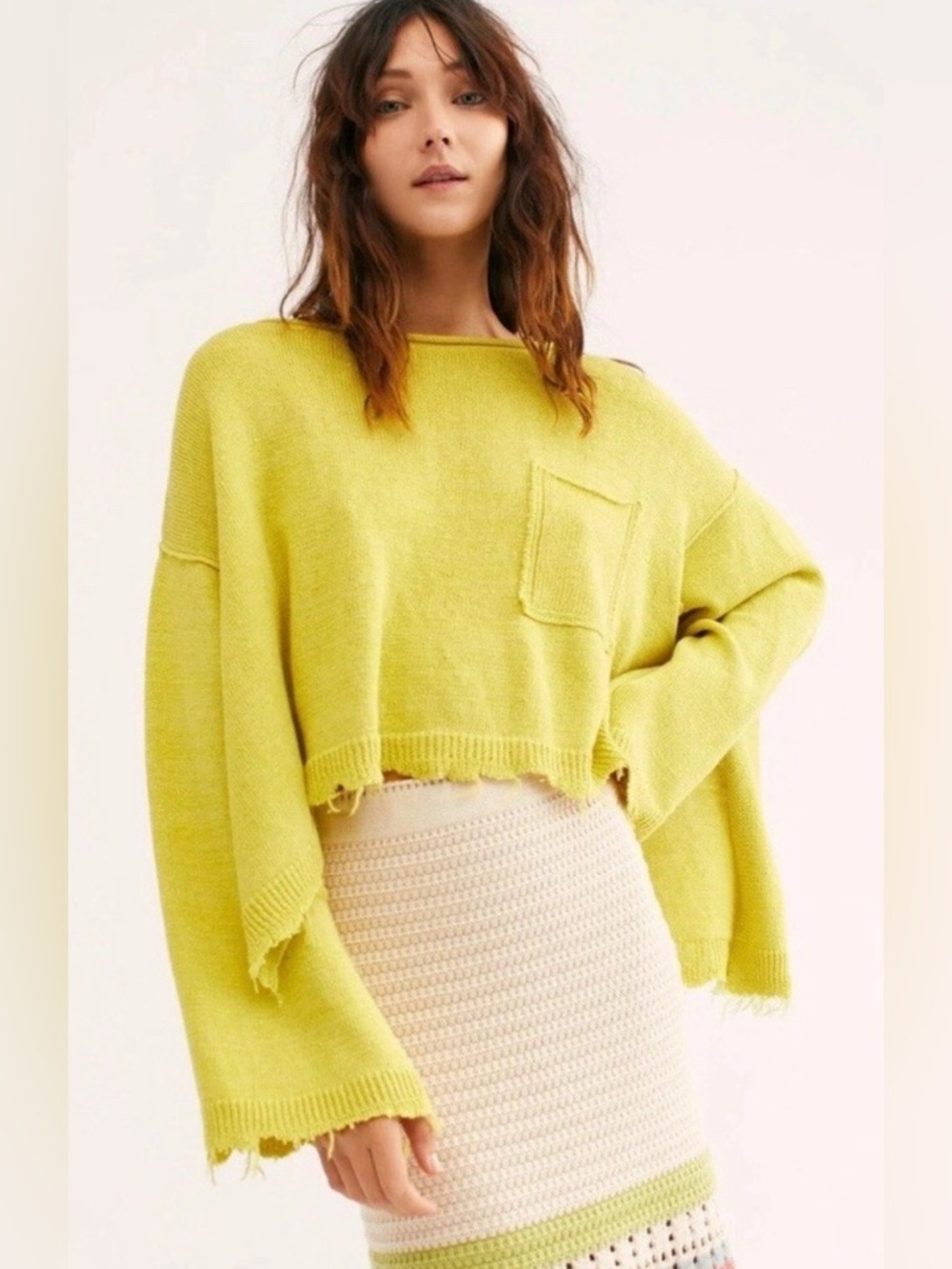 Free People Prism Distressed Sweater Lemon Zest M